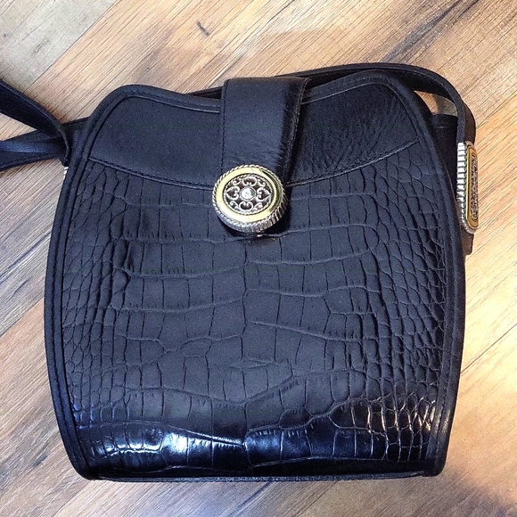 Vtg BRIGHTON Black Croc Embossed Leather Shoulder Tote Crossbody Bag - Picture 2 of 16